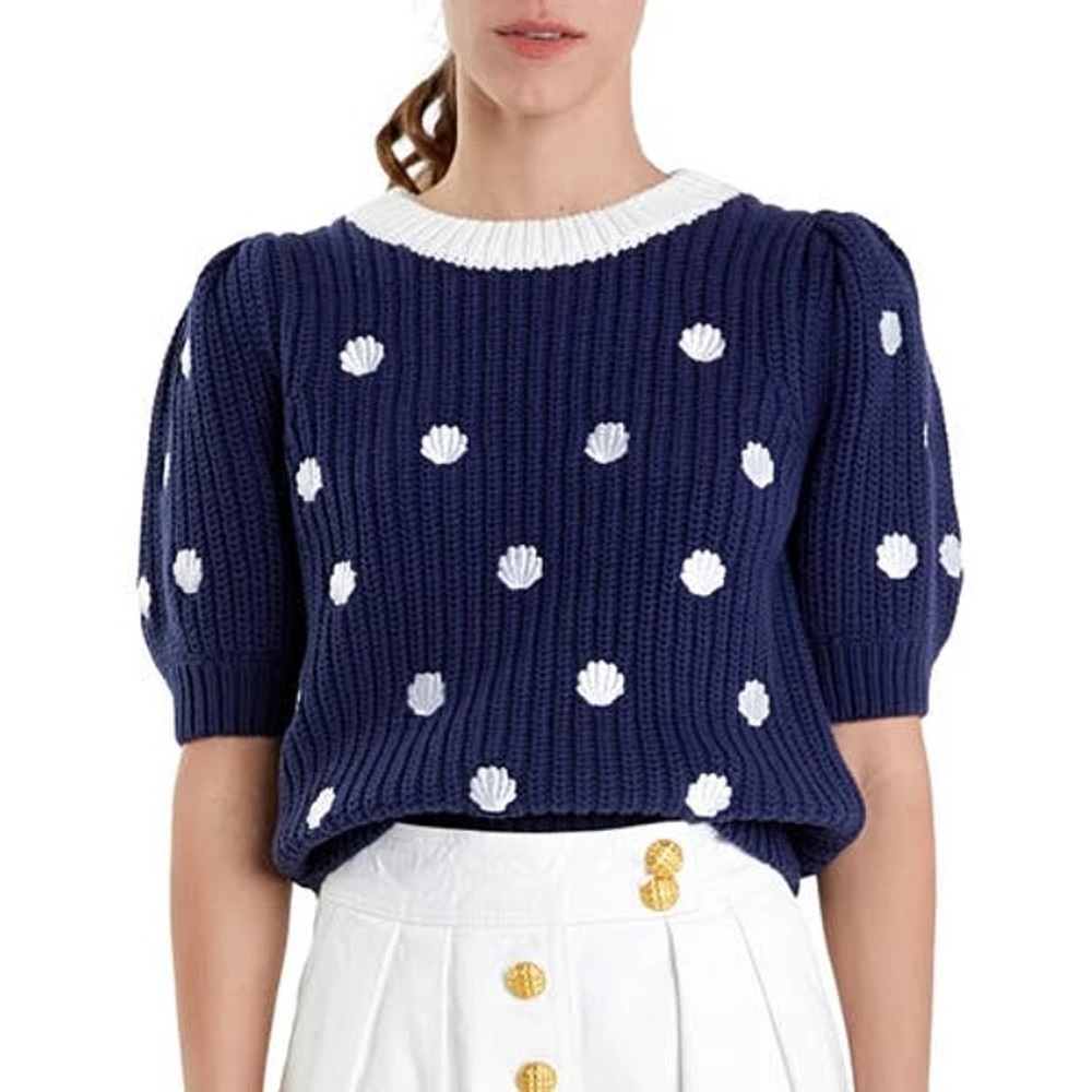 English Factory Seashell Navy Short Sleeve Sweater